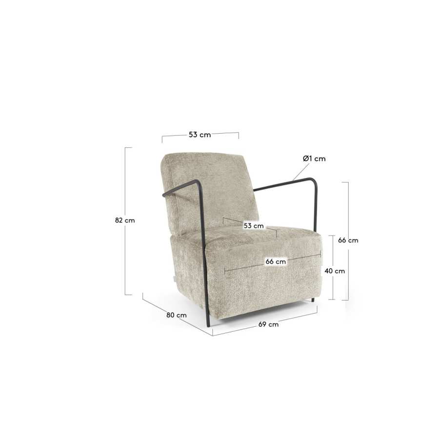 Gamer fauteuil in beige chenille en metaal met zwarte afwerking