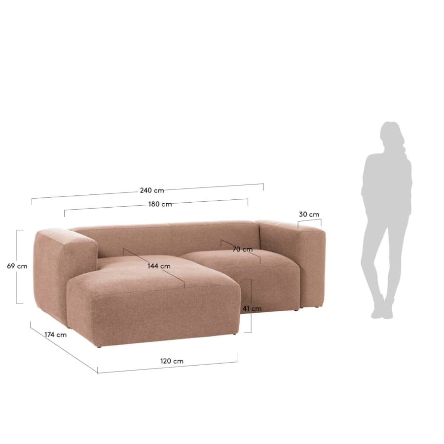 Pink Blok 2-seater sofa with left chaise longue 240 cm