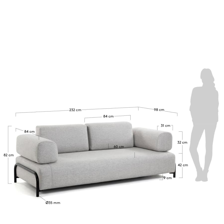 Compo 3 seater sofa in light grey, 232 cm