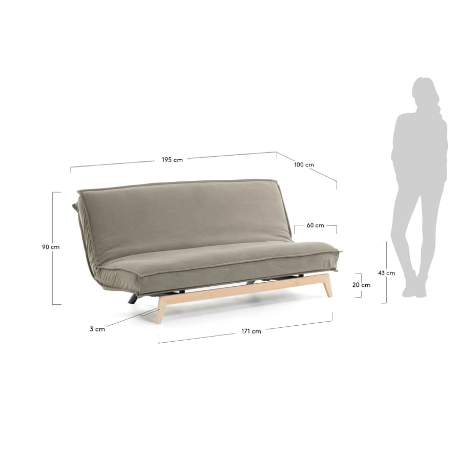 Canapé convertible Eveline 3 places beige et structure bois 195 cm