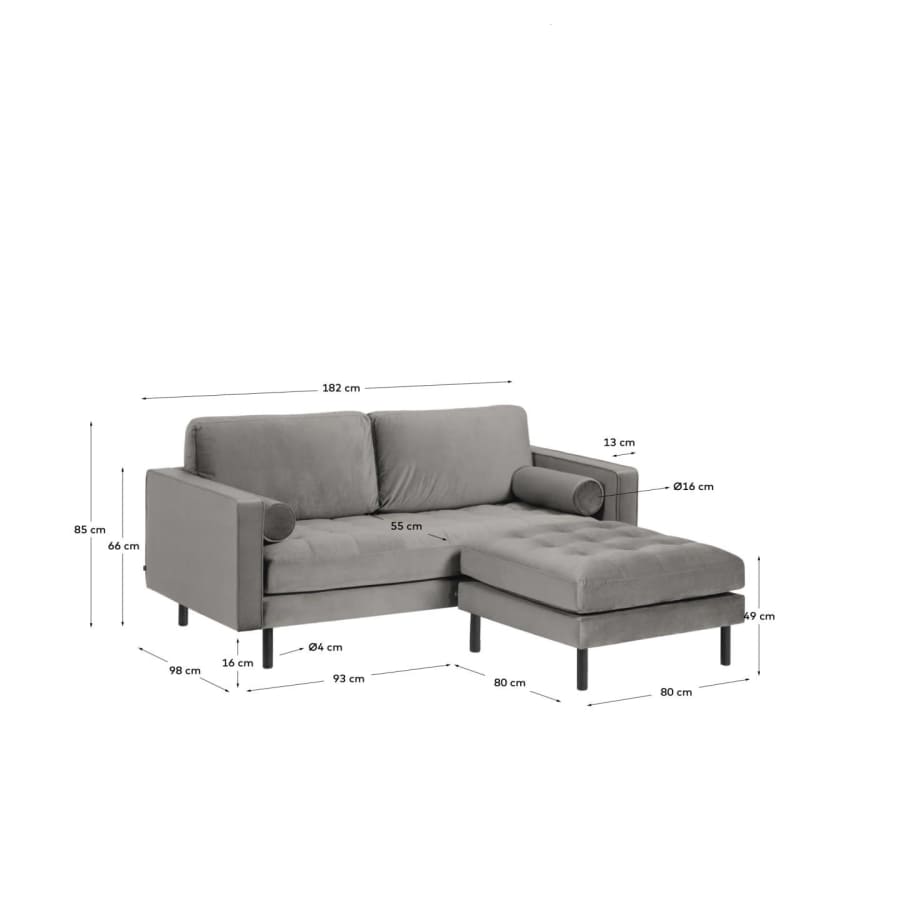 Debra 2 seater sofa with footrest in grey velvet, 182 cm