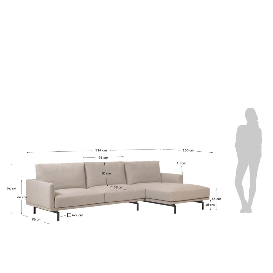 Galene 4-seater sofa with right-hand chaise longue in beige 314 cm