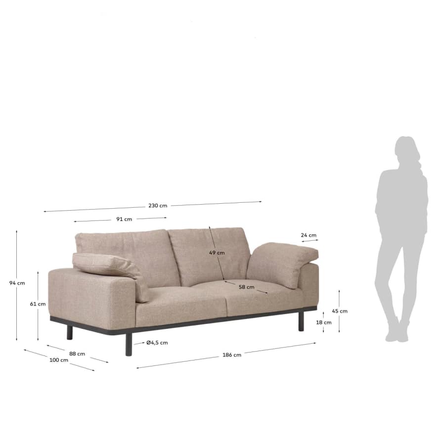 Noa 3 seater sofa with cushions in beige with dark finish legs, 230 cm