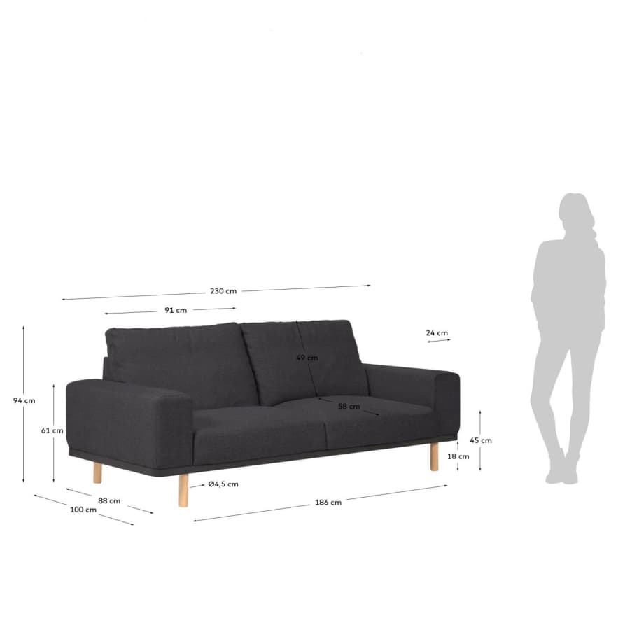 Noa 3 seater sofa in grey with natural finish legs, 230 cm