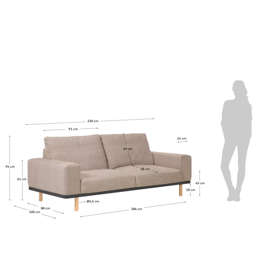 Noa 3-Sitzer Sofa beige mit Beinen naturbelassen 230 cm