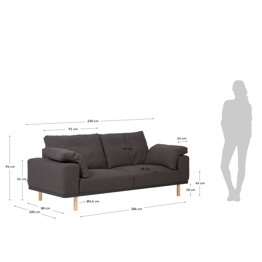 Noa 3-Sitzersofa mit Kissen grau und Beinen Natur 230 cm