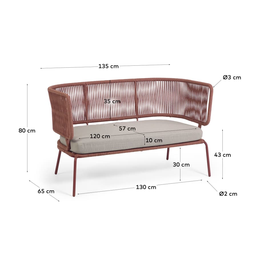 Nadin 2 seater sofa in terracotta cord with galvanised steel legs, 135 cm