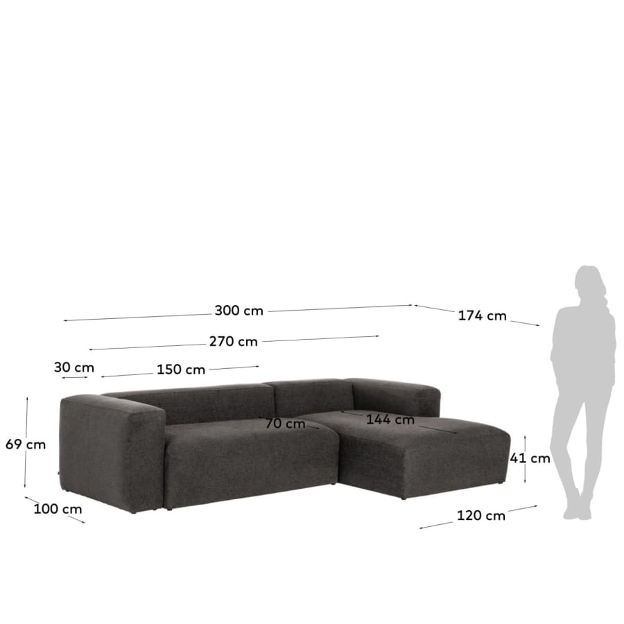 Blok 3-seater sofa with right-hand chaise longue in grey 300 cm