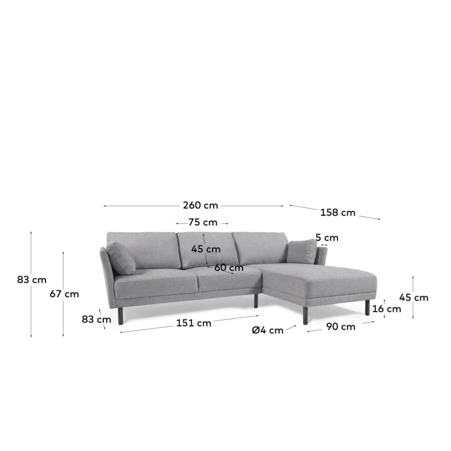 Gilma grey 3-seater sofa with right-hand chaise longue with legs in dark finish 260 cm