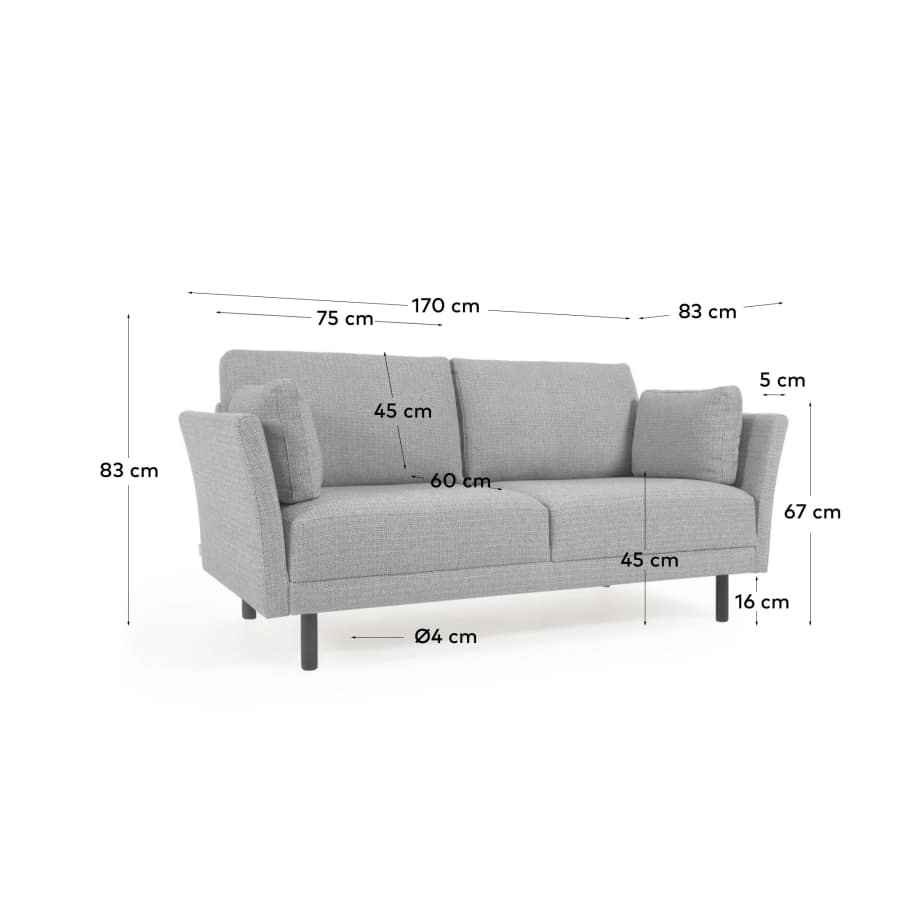 Gilma 2 seater sofa in light grey with painted black finish legs, 170 cm