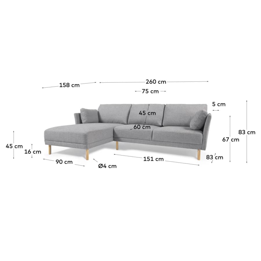 Gilma grey 3-seater sofa with left-hand chaise longue with legs in natural finish 260 cm