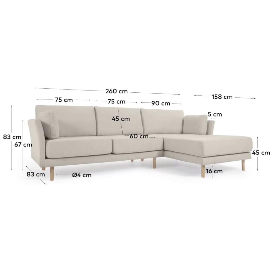 Gilma 3-Sitzer Sofa mit Chaiselongue rechts/links beige mit Beinen naturfarben 260 cm