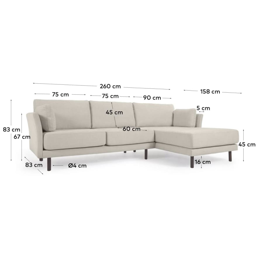 Gilma beige 3-zitsbank met links/rechts chaise longue met zwarte poten 261 cm