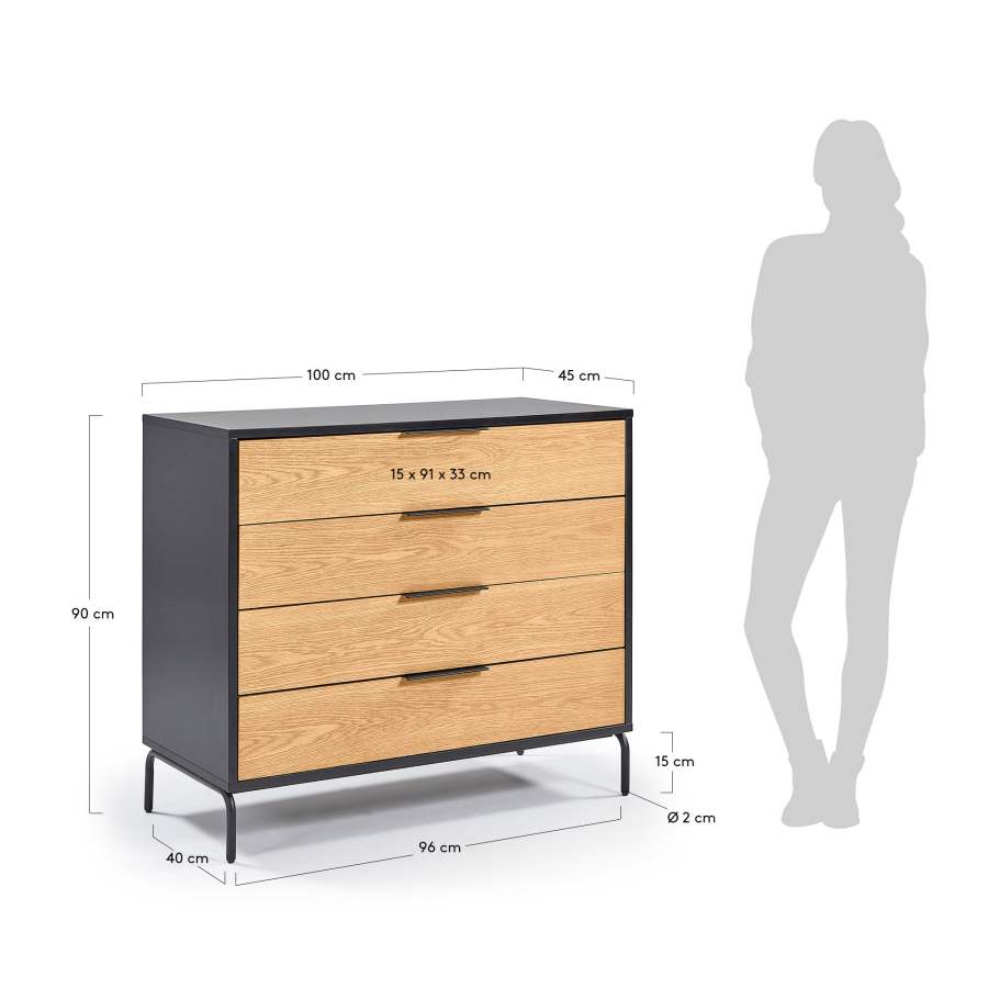 Savoi MDF chest of drawers with black lacquer and black-finished steel 100 x 90 cm