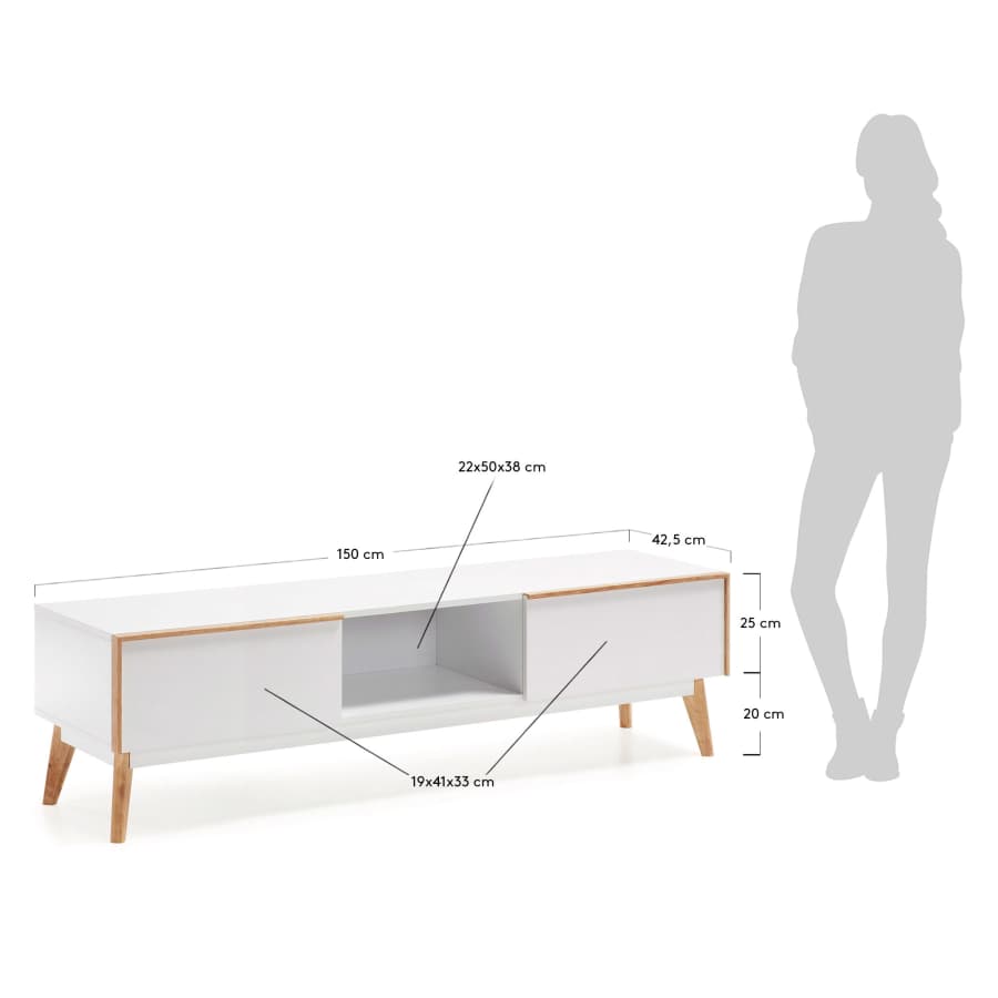 Melan solid rubber wood TV stand with white lacquer, 150 x 45 cm