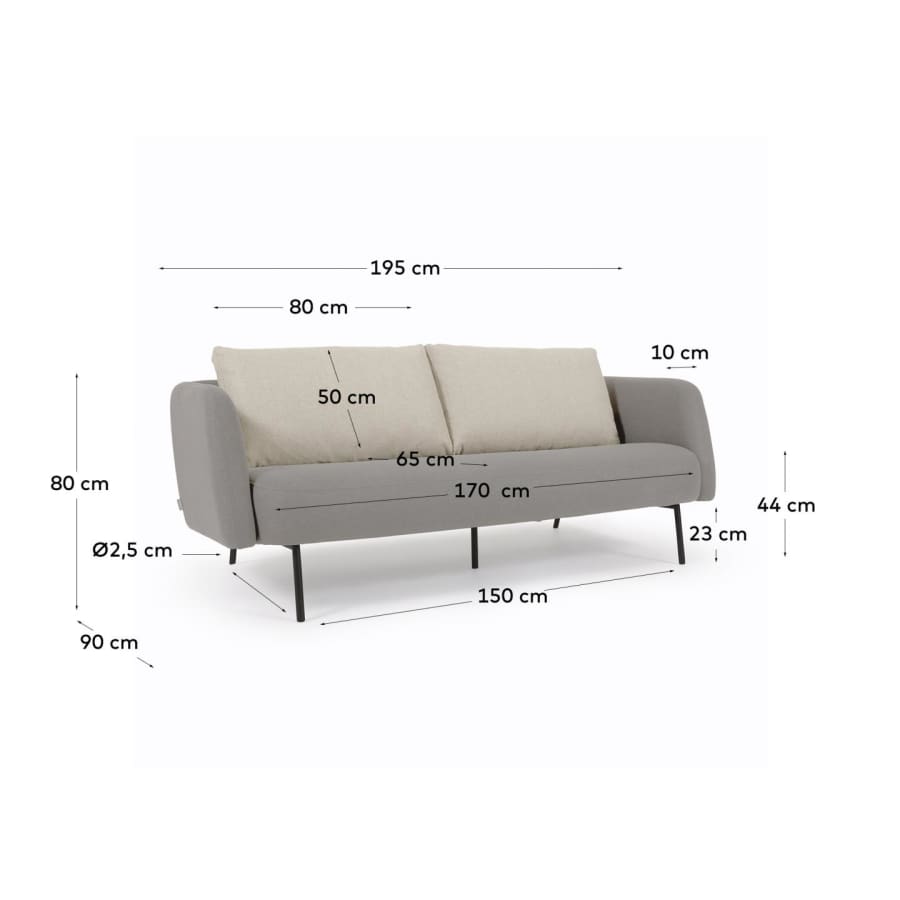 Grijze driezitsbank Walkyria met beige kussens en metalen poten zwarte 195 cm