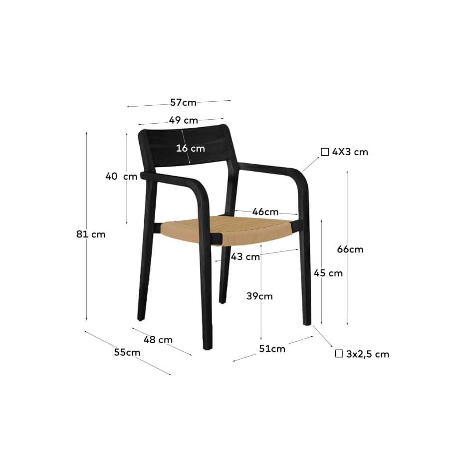 Better stackable chair in solid acacia wood with matt black finish and beige paper rope