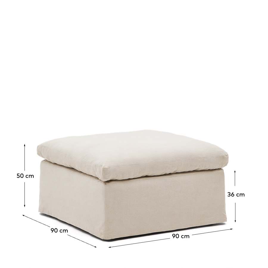 Zenira beige cotton and linen footrest with removable cover and cushion 90 x 90cm