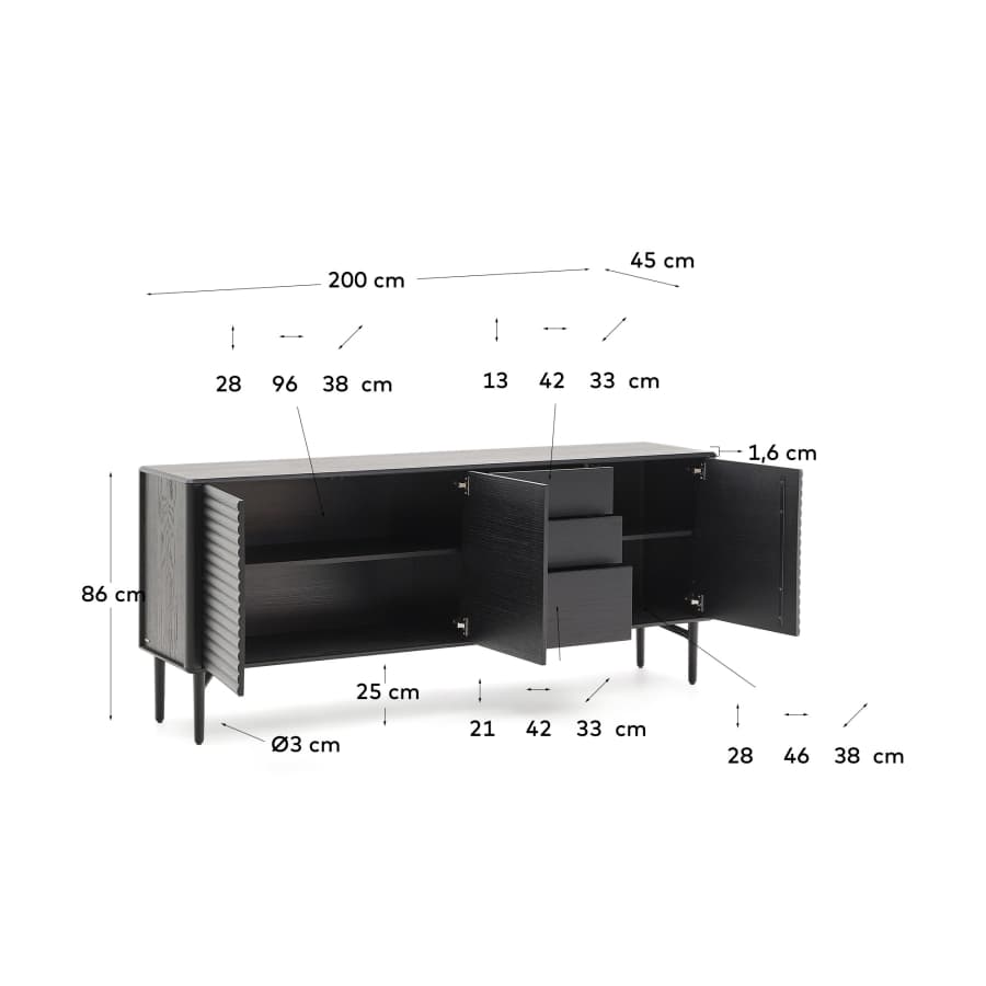 Lenon sideboard 3 doors and 3 drawers solid wood and black oak veneer 200x86cm FSC Mix Credit