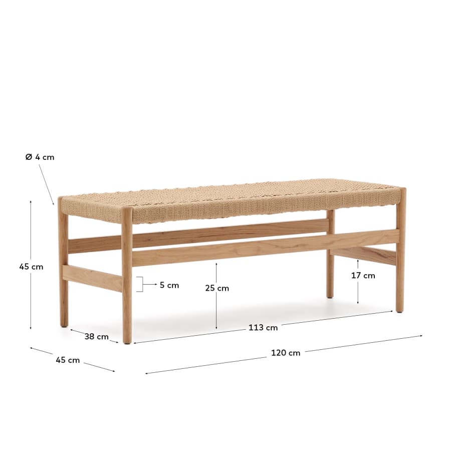Zaide bench made of solid oak wood in a natural finish and rope cord seat, 120 cm, FSC 100%