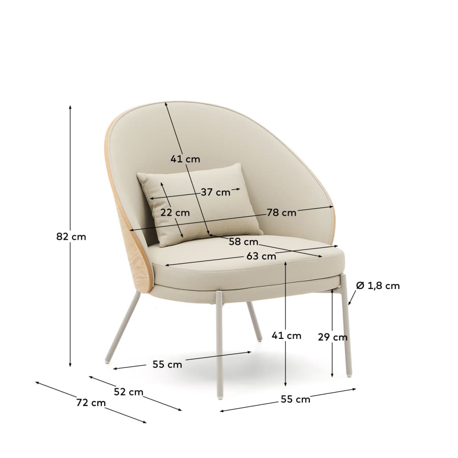 Eamy armchair in beige faux leather, ash veneer with natural finish and beige metal