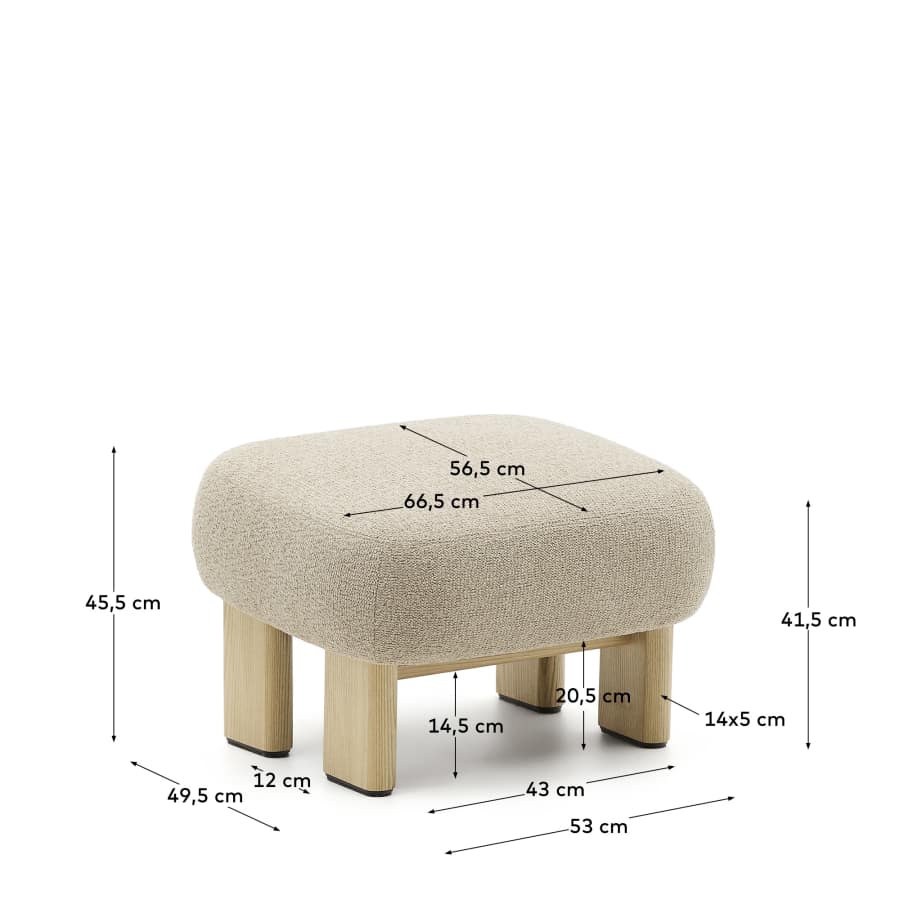 Nema beige chenille footstool with solid ash wood legs natural finish 65x55.4 cm FSC 100%