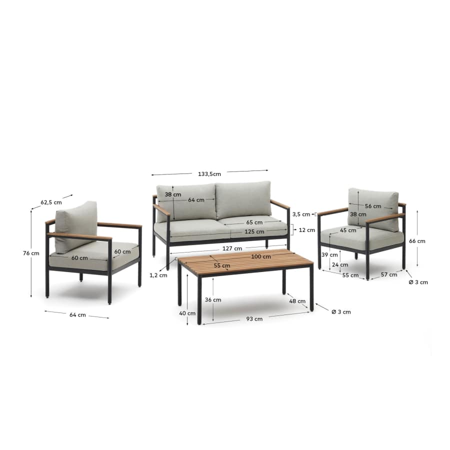 Aiguafreda set, 2 seater sofa, 2 chairs & coffee table made from grey aluminium & acacia