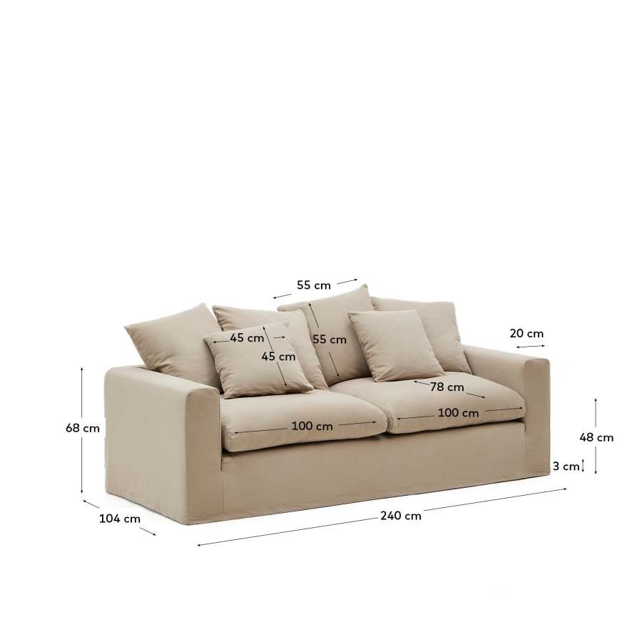 Nora 3-seater sofa with removable cover with linen and cotton cushions in taupe 240cm