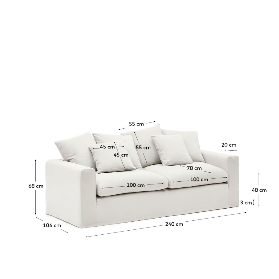 Nora 3-seater sofa with removable cover with linen and cotton cushions in ecru 240cm