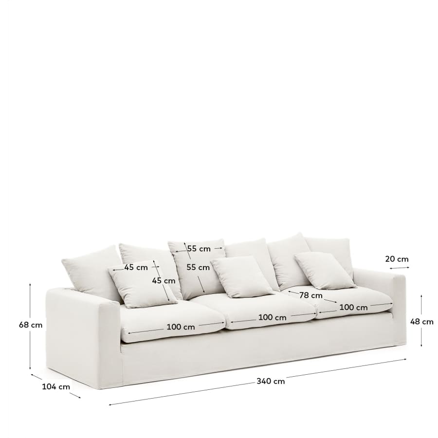 Nora 4-seater sofa with removable cover with linen and cotton cushions in ecru 340cm