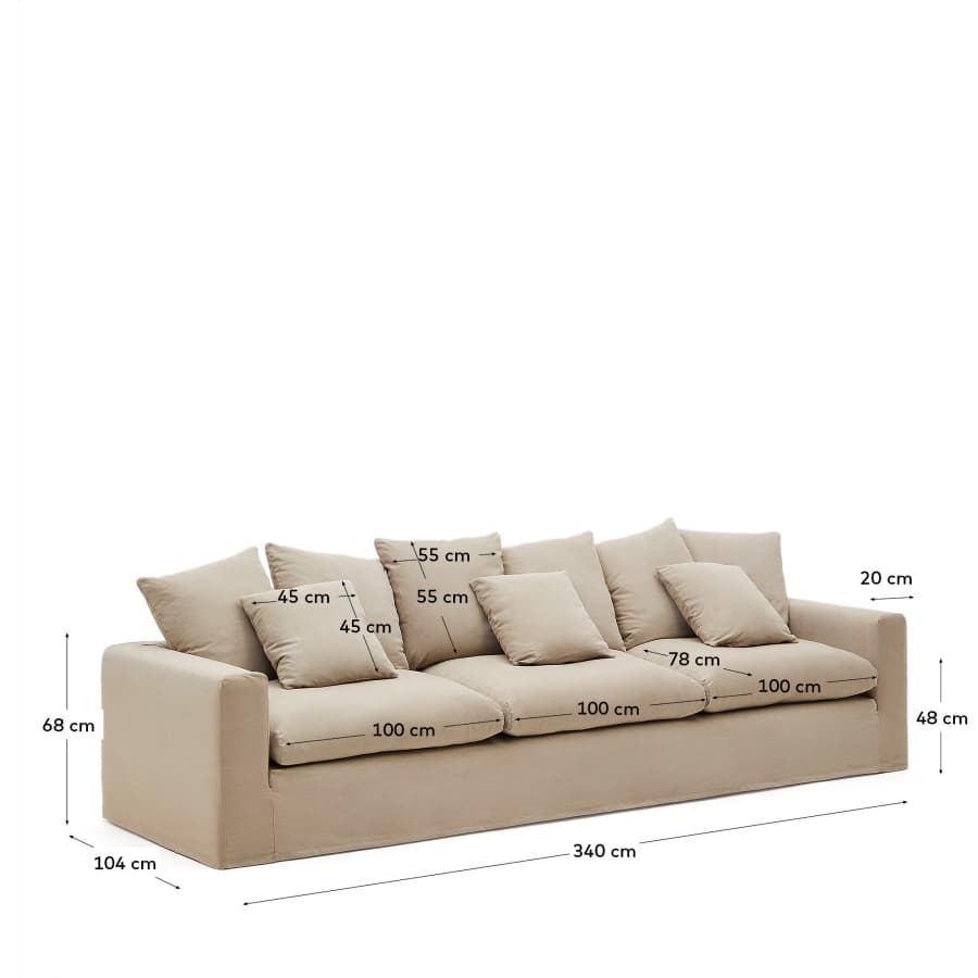 Nora 4-seater sofa with removable cover with linen and cotton cushions in taupe 340cm