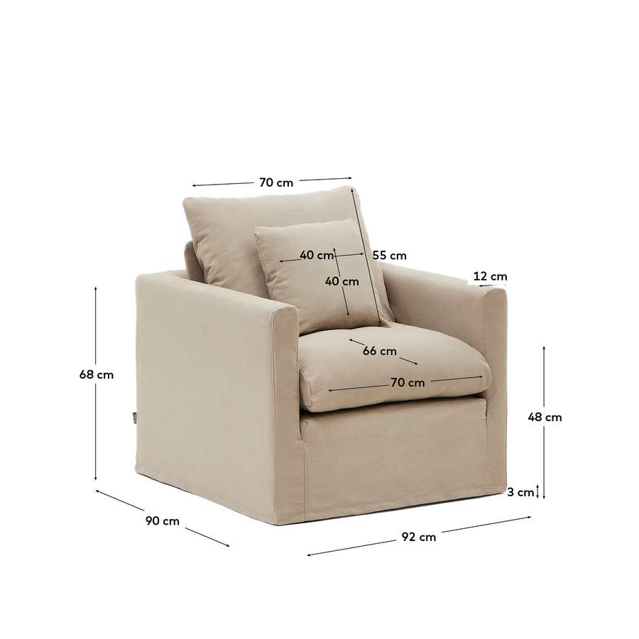 Nora armchair with removable cover with linen and cotton cushion in taupe 92cm