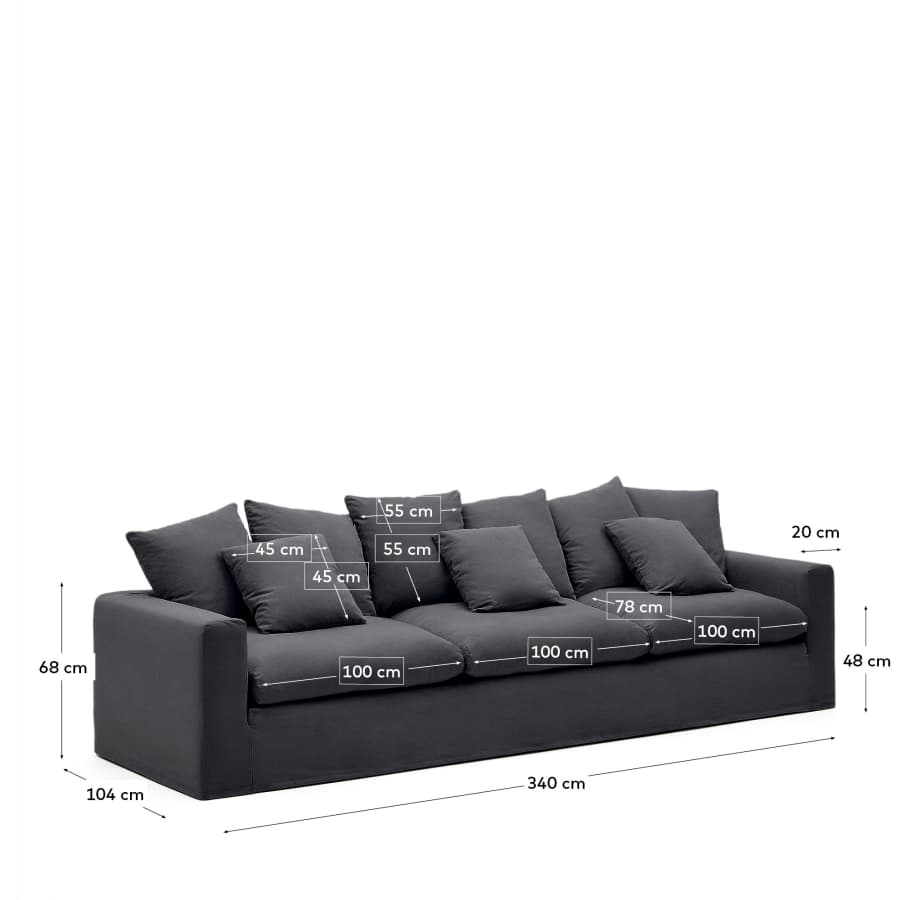 Nora 4-seater sofa with removable cover with linen and cotton cushions in anthracite grey 340cm
