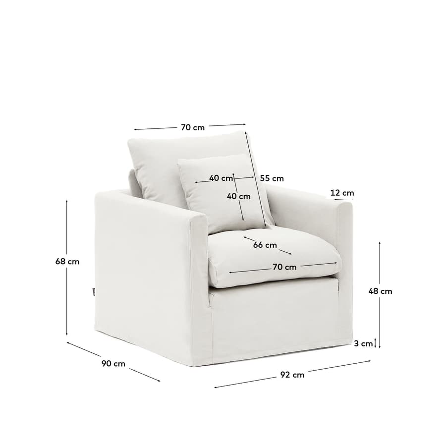 Nora armchair with removable cover with linen and cotton cushion in ecru 92cm