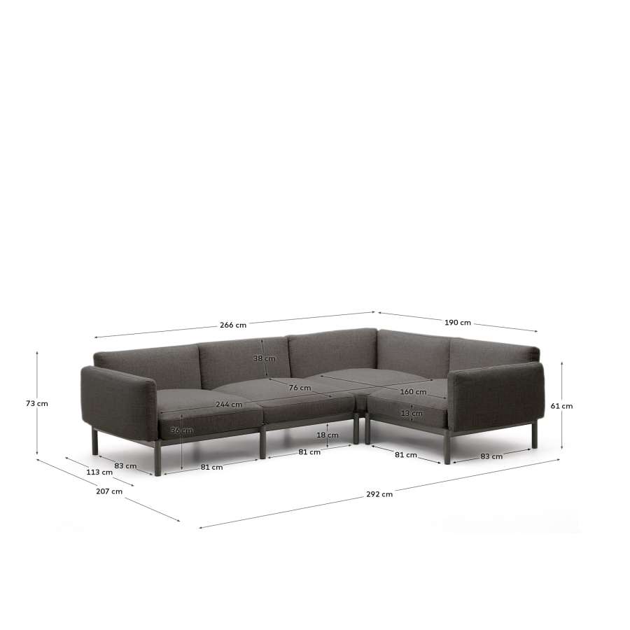 Sorells modular 5-seater outdoor corner sofa in aluminium with grey finish 276 x 191,5 cm