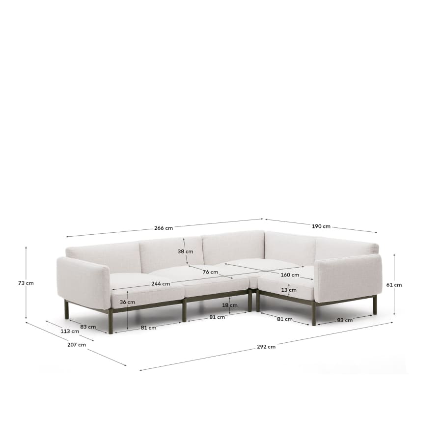 Sorells modular 5-seater outdoor corner sofa in aluminium with green finish 276 x 191,5 cm