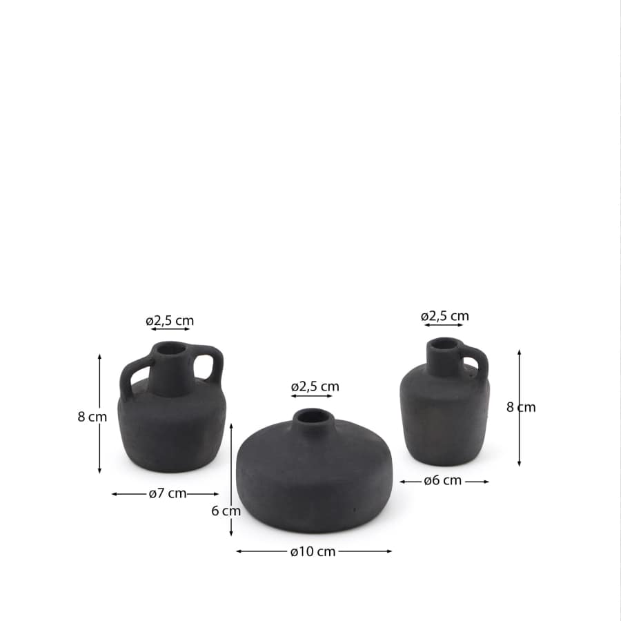 Sofra set of 3 terracotta vases in a black finish, 6 cm / 7 cm / 10 cm
