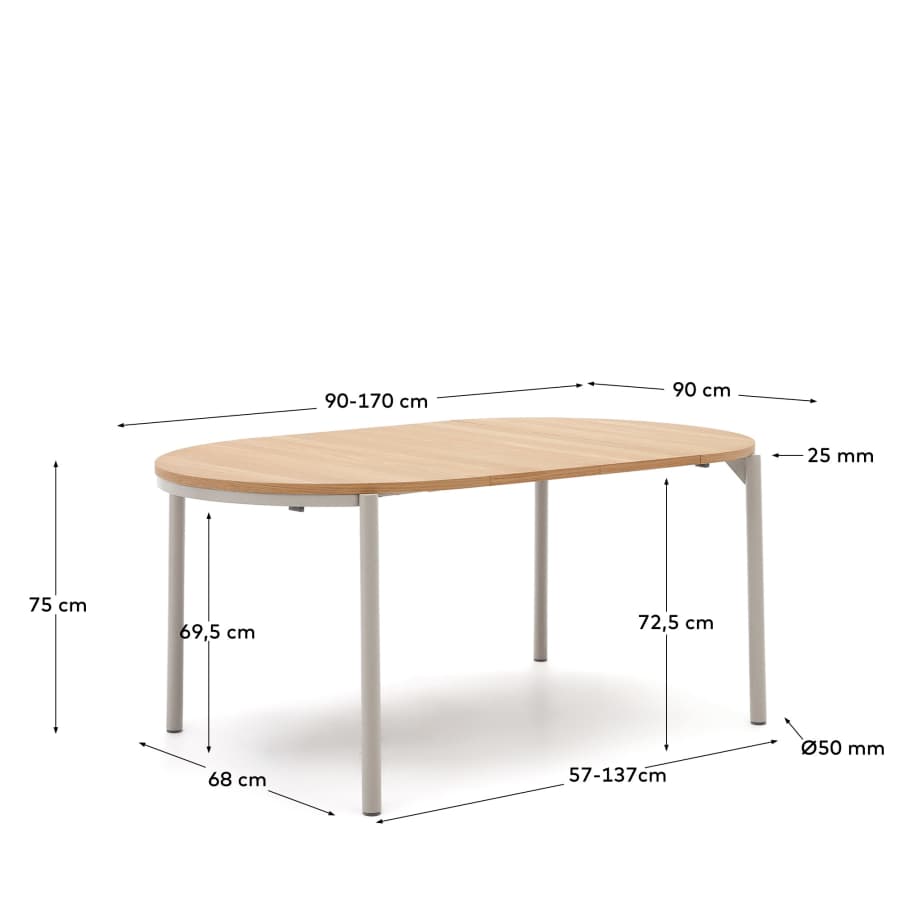 Montuiri round extendable table in oak veneer and with steel legs in a grey finish,  Ø90(170) cm