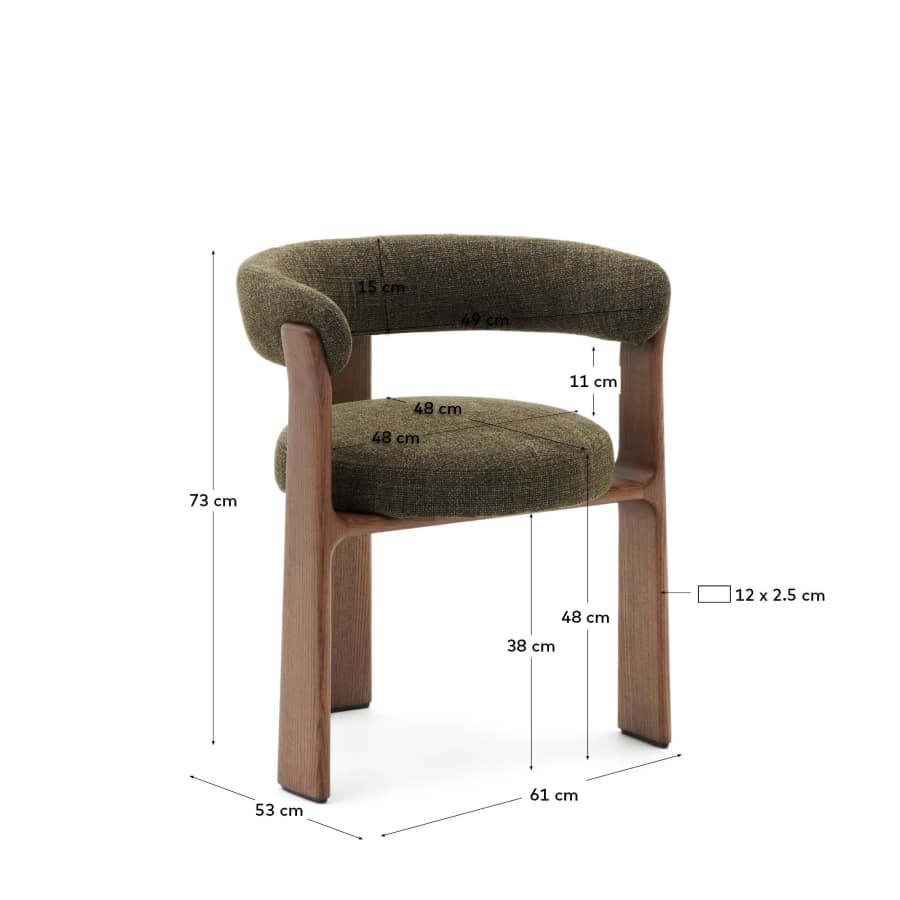 Granite 3-legged chair in green chenille and with solid ash wood in a walnut finish FSC 100%
