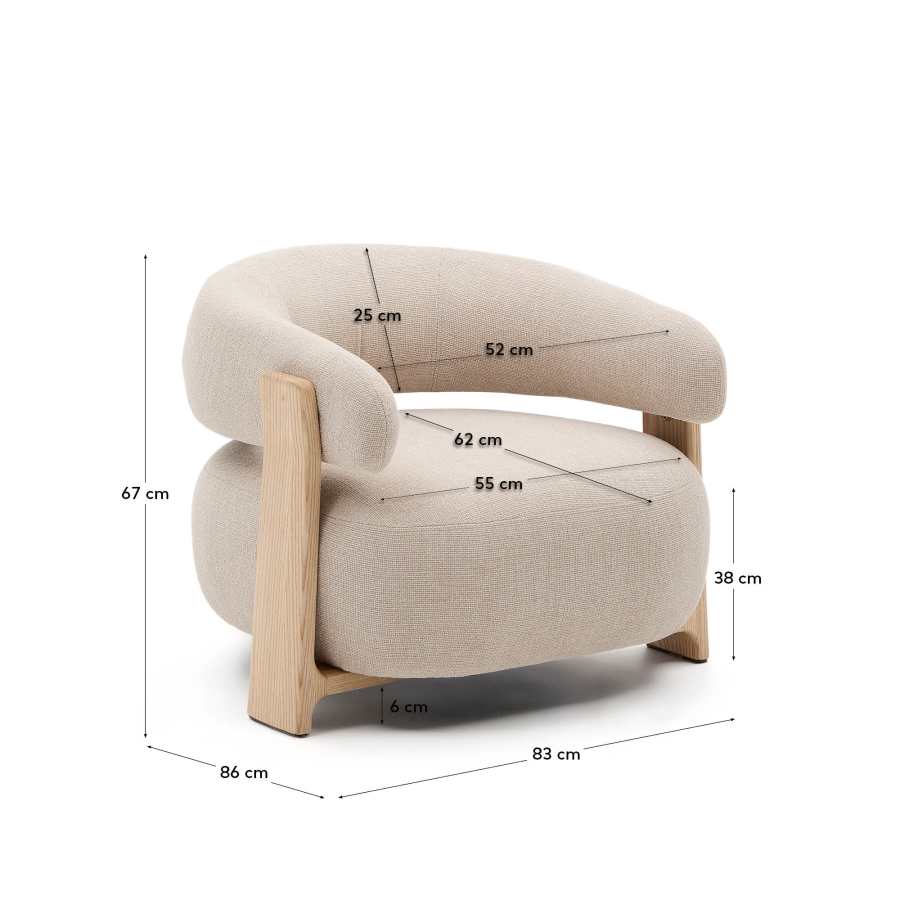 Granite beige chenille armchair with solid ash wood legs in a natural tone finish FSC 100%