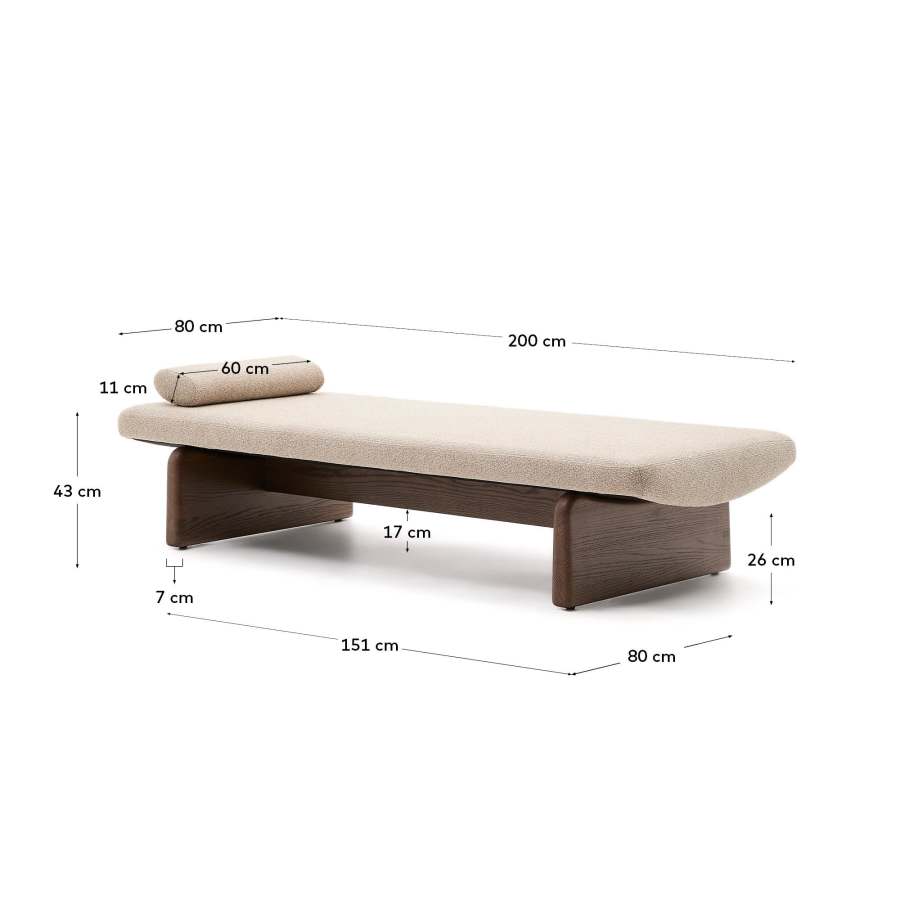 Topaz divan in beige chenille with solid ash wood in a walnut finish, 200 cm FSC 100%