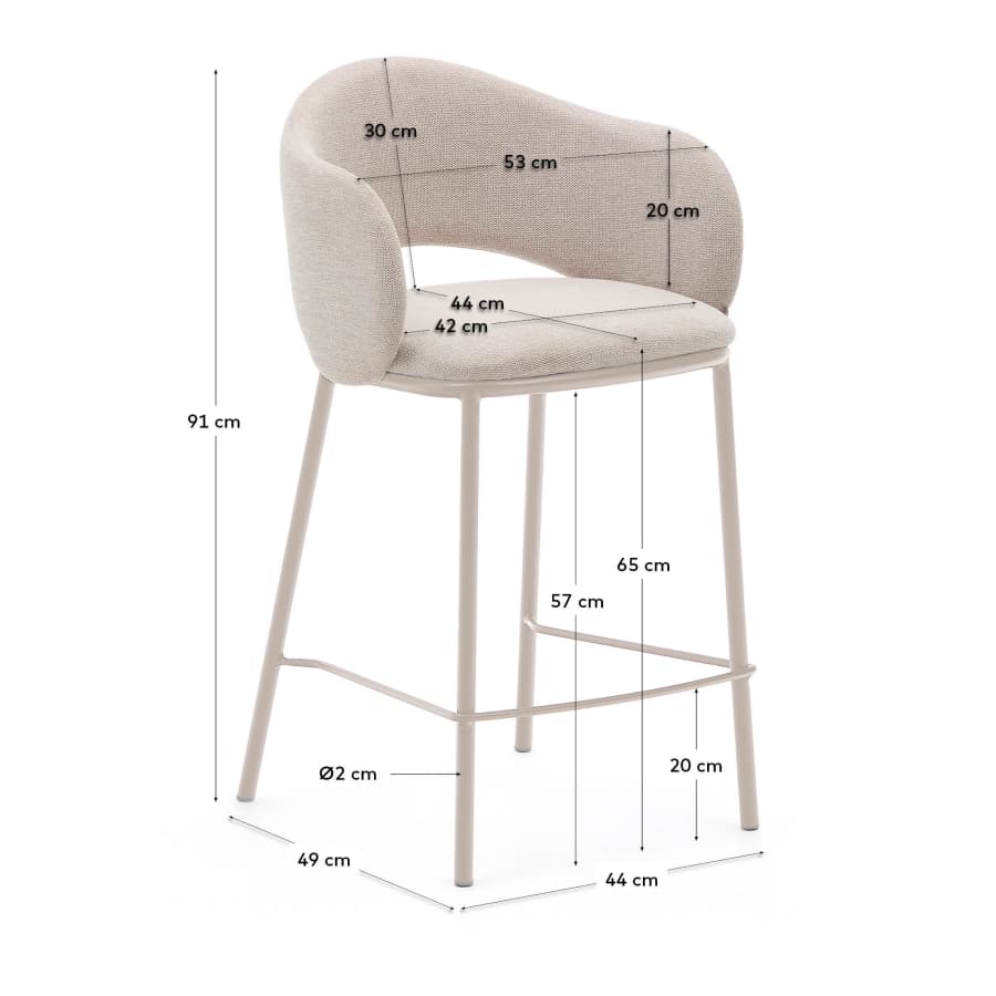 Maina stool in beige chenille and steel legs in a beige finish, FSC Mix Credit, 65 cm
