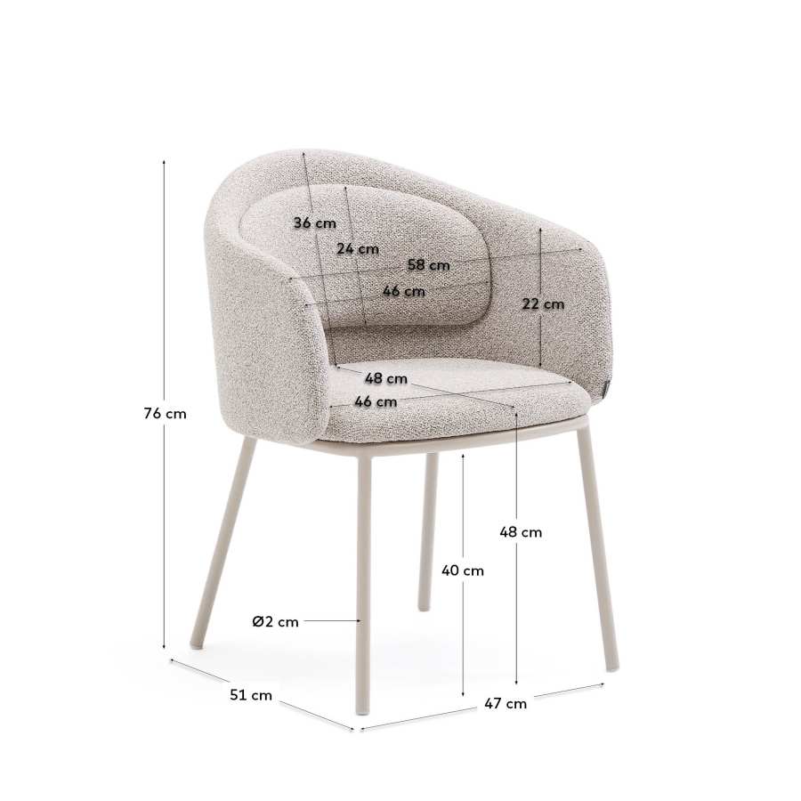 Idaira chair in thick beige chenille and steel legs in a beige finish, FSC Mix Credit