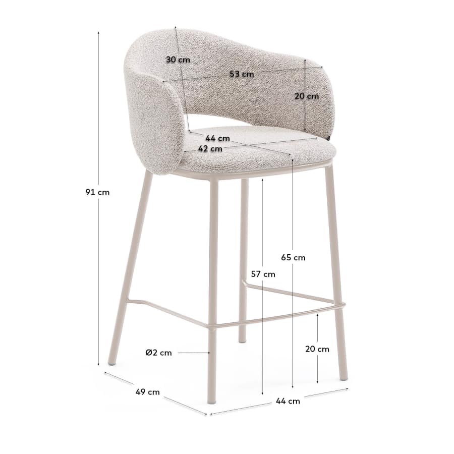 Maina stool in thick beige chenille and steel legs in a beige finish, FSC Mix Credit, 65 cm