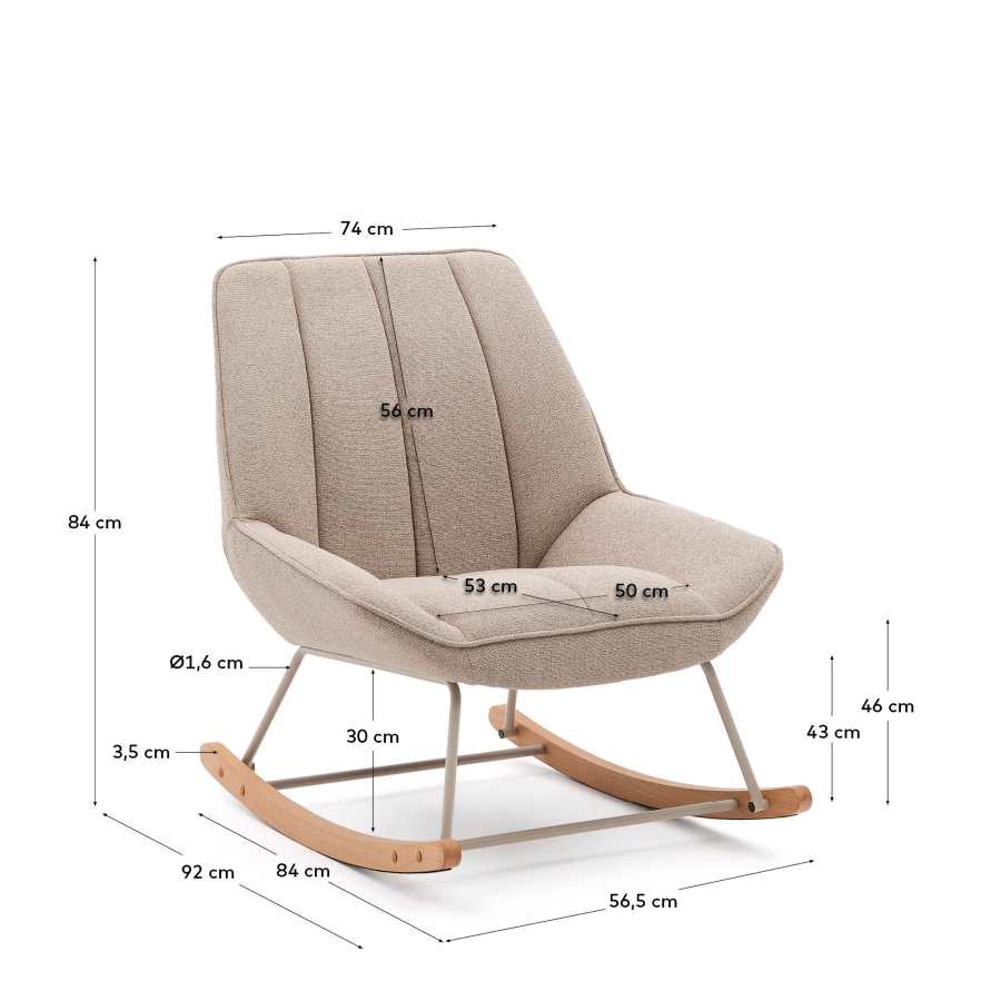 Fauteuil à bascule Marlina en tissu chenille beige et structure en métal, finition gris mat