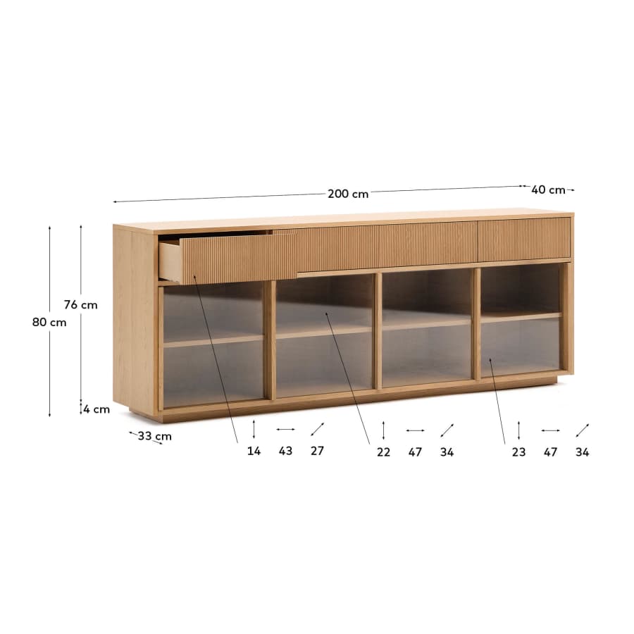 Helvine sideboard 4 doors and 4 drawers oak veneer and tempered glass, 200 x 80cm FSC 100%