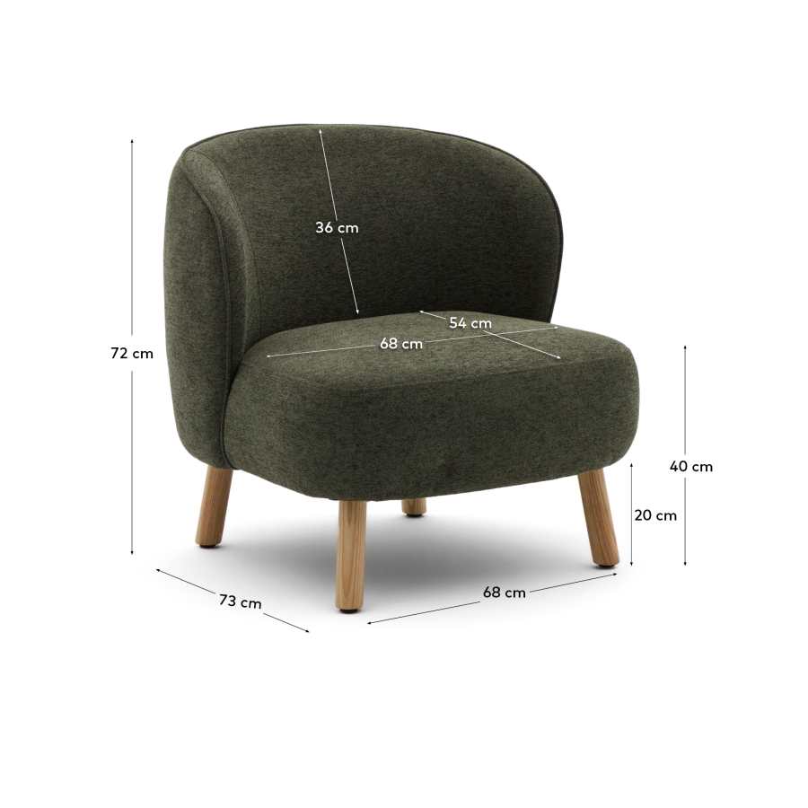 Ulit armchair in green chenille with solid beech wood legs in a natural finish