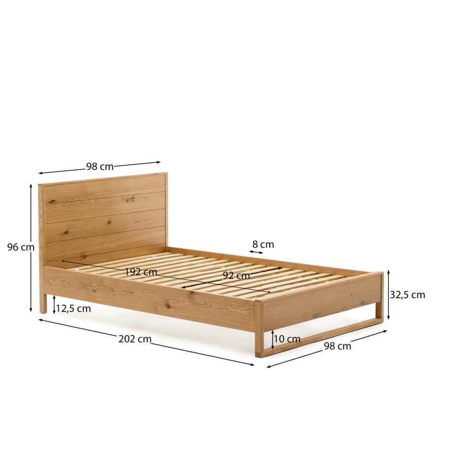 Alguema bed in oak veneer with natural finish for 90 x 190cm mattress