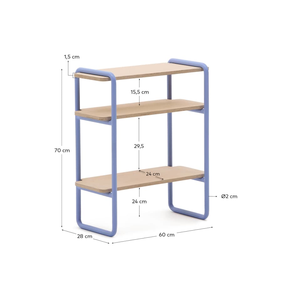 Tinn ash veneer shelf with a blue metal structure, 70 x 60 cm