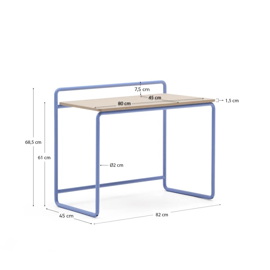 Tinn ash veneer desk with a blue metal structure, 82 x 45 cm
